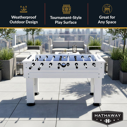 Hathaway Highlander 55-in Outdoor Foosball Table Adult Size - White Soccer Table Game Set with Waterproof Surface, Anti-Rust Rods, Ergonomic Handles, Nylon Cover, 2 Scorers, and 2 ABS Foosball Balls