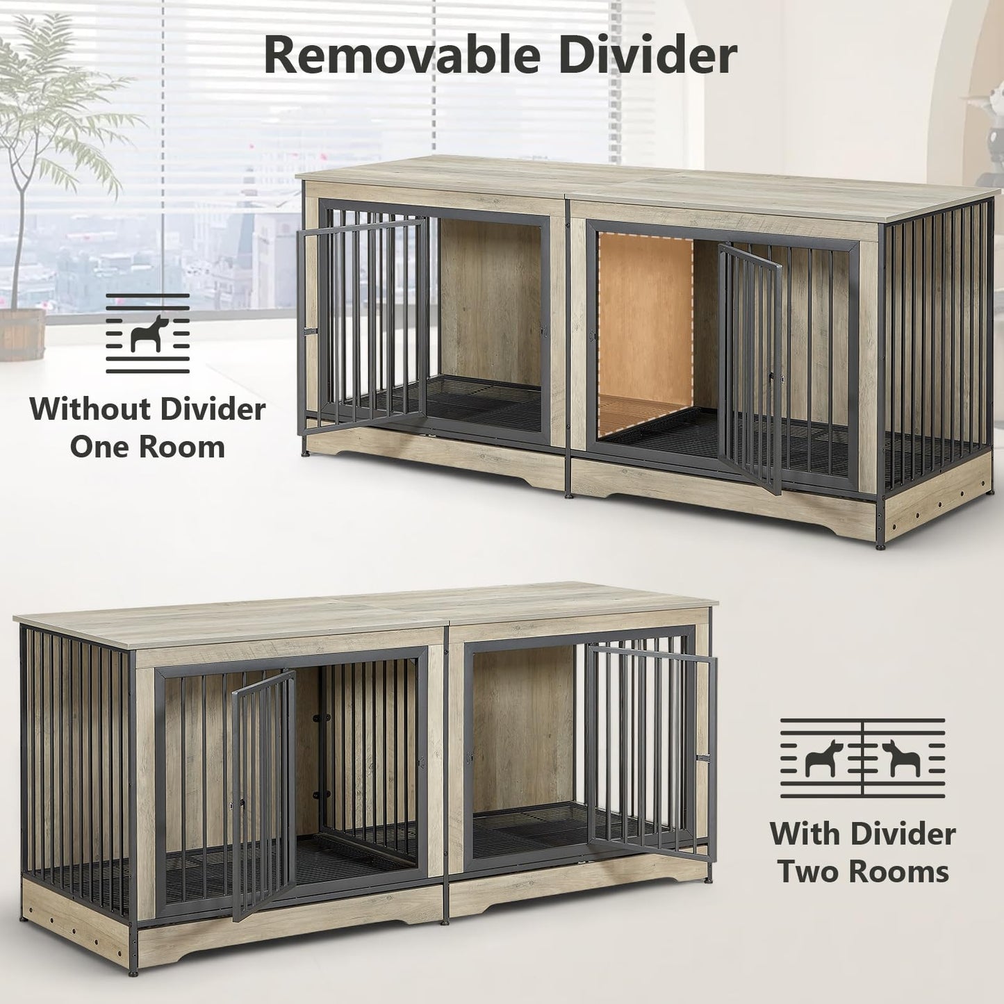 Rovibek 75 Inch Dog Crate Furniture for 2 Dogs, Wooden Dog Cage Furniture, Decorative Dog Kennels with Double Doors, Double Dog Kennel Furniture, Dog Crate TV Stand for Large Dogs, Grey