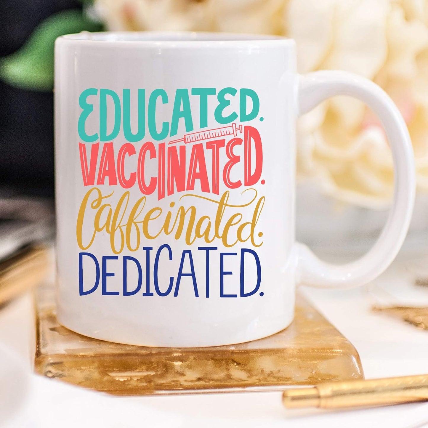 YouNique Designs Educated Vaccinated Caffeinated Mug, 11 Ounces, Nurse Coffee Mug for Women, Medical Assistant Mug,