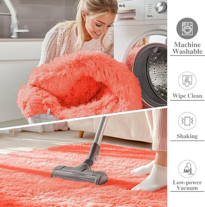 OLANLY Small Bedside Rug - Soft Fluffy Shaggy Indoor Carpet for Kids & Living Room | Coral Red 2x3