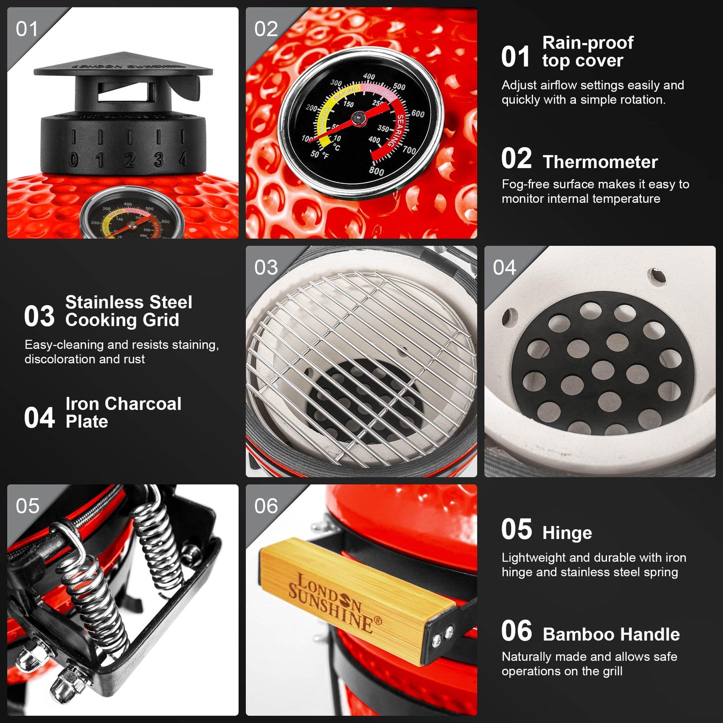 Upgraded 13 inch Ceramic Kamado Grill with Waterproof Air Vent Cap | Portable Tabletop Charcoal BBQ Grill Smoker for Outdoor Cooking, Patio, Camping | Red