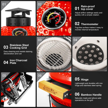 Upgraded 13 inch Ceramic Kamado Grill with Waterproof Air Vent Cap | Portable Tabletop Charcoal BBQ Grill Smoker for Outdoor Cooking, Patio, Camping | Red