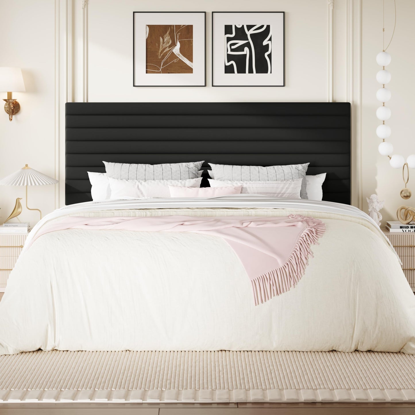SHA CERLIN King Size Platform Bed Frame with Adjustable Headboard, Velvet Upholstered Bed with Under-Bed Storage, Modern Horizontal Channel Tufted, Wood Slats Support, No Box Spring Needed, Black