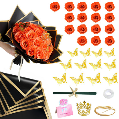 CCYXSHOW Orange Glitter Flowers Bouquet, Fake Roses Bouquet 16 Pcs DIY Glitter Rose Bouquet Kits Birthday Gifts for Women Mom Mothers Day Anniversary Graduation