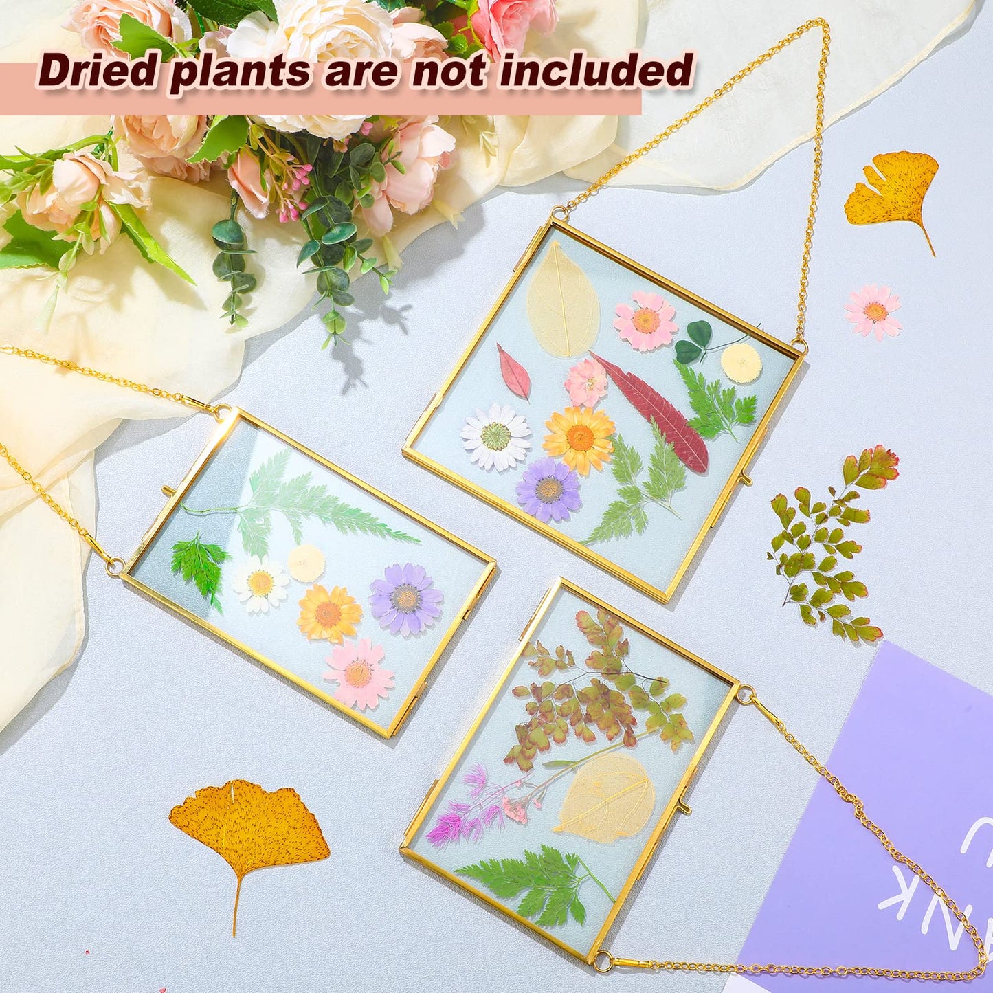 Chunful 9 Pieces Double Glass Frame for Pressed Flowers Hanging Picture Frames Photo Display Gold Metal Brass Floating Frame with Chain for Artwork Art Specimen Wall Plant DIY Gallery, 3 Sizes