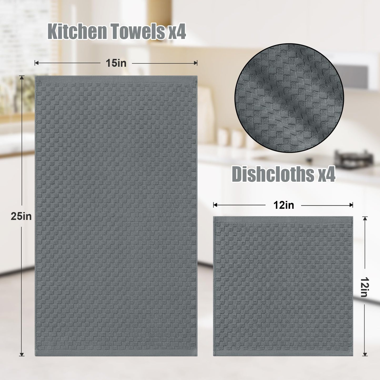 Homaxy 100% Cotton Kitchen Towels and Dishcloths Set, 12 x 12 & 15 x 25 Inches, Set of 8 Bulk Terry Cloth Dish Towels, Super Soft and Absorbent Hand Towel with Hanging Loop, Dark Grey