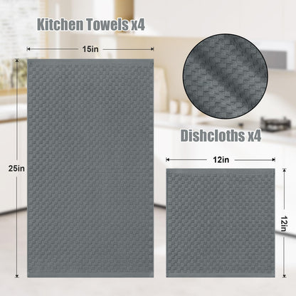 Homaxy 100% Cotton Kitchen Towels and Dishcloths Set, 12 x 12 & 15 x 25 Inches, Set of 8 Bulk Terry Cloth Dish Towels, Super Soft and Absorbent Hand Towel with Hanging Loop, Dark Grey
