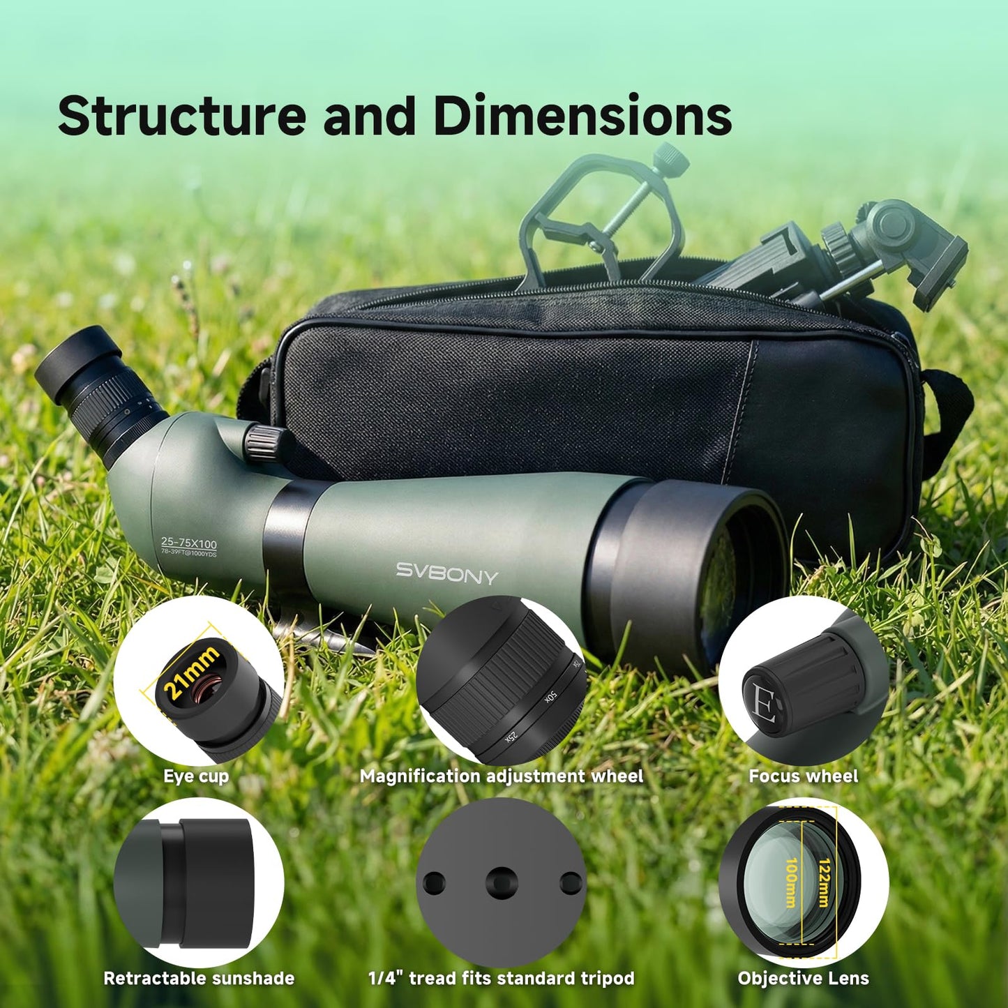 SVBONY SV28 100mm Spotting Scope, with Upgrade Tripod & 3-Axis Phone Adapter, Precise adjustment Aluminum Phone Adapter, Bold, elevable, 360° Adjustable Tripod, Scope for Target Shooting Bird Watching