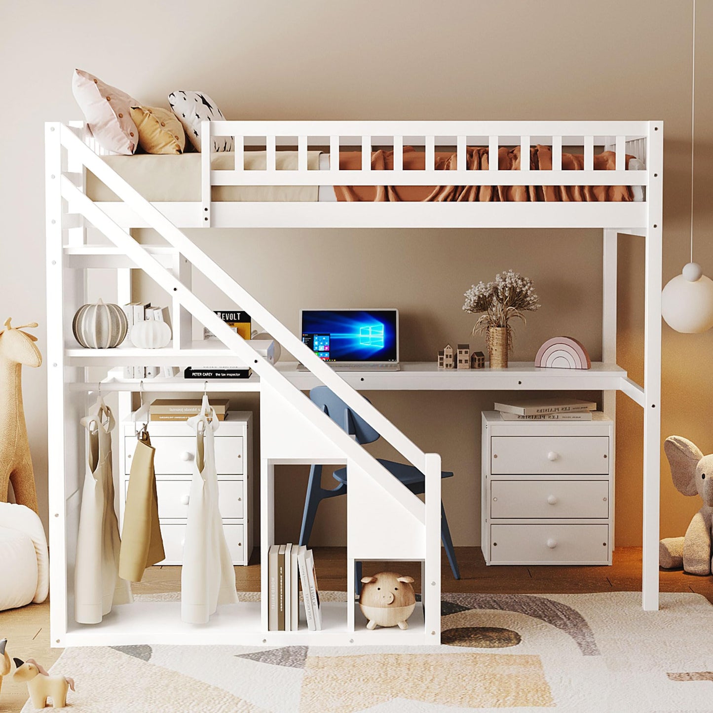 Bellemave Twin Loft Bed with Stairs and Shelves, Wood Loft Bed with Two Chest of Drawers, Wardrobe, LED for Kids, Teens, Adults, White