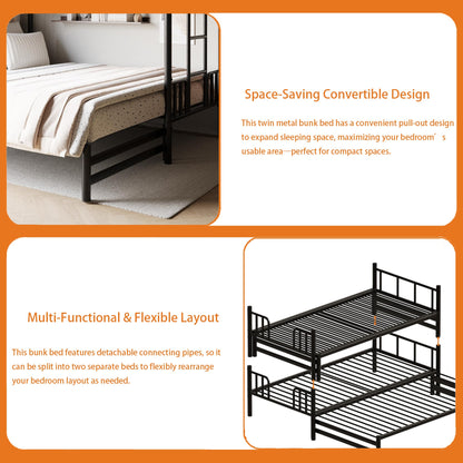 KavlSean Twin Over King Bunk Bed with Safety Guardrail, Metal Pull-Out Bunk Bed Frame with Built-in Ladder, No Box Spring Needed, Extendable Beds for Kids/Teen/Adults, Bedroom, Dorm
