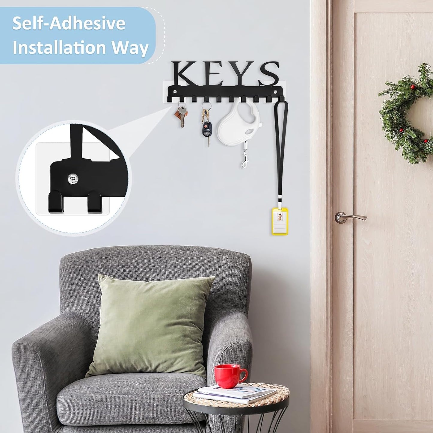 Black Key Holder Wall Mount, Decorative Key Rack Organizer with 10 Hooks, Metal Adhesive Keychain Holder