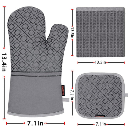 Oven Mitts and Pot Holders Sets 6pcs, Kitchen Oven Glove,High Heat Resistant 550 Degree Extra Long Oven Mitts and Potholders with Non-Slip Silicone Surface for Home Essentials (Grey) (Gray)