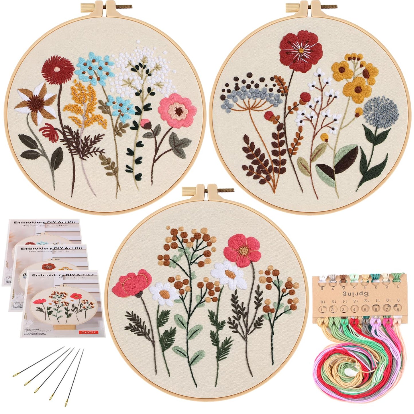 EVERMARKET 3 Pack Embroidery Starter Kits with Pattern, Flowers Stitches Kit for Beginner, Floral Stamped Embroidery Practice Kit for Women, Blooms Embroidery Fabric, Red