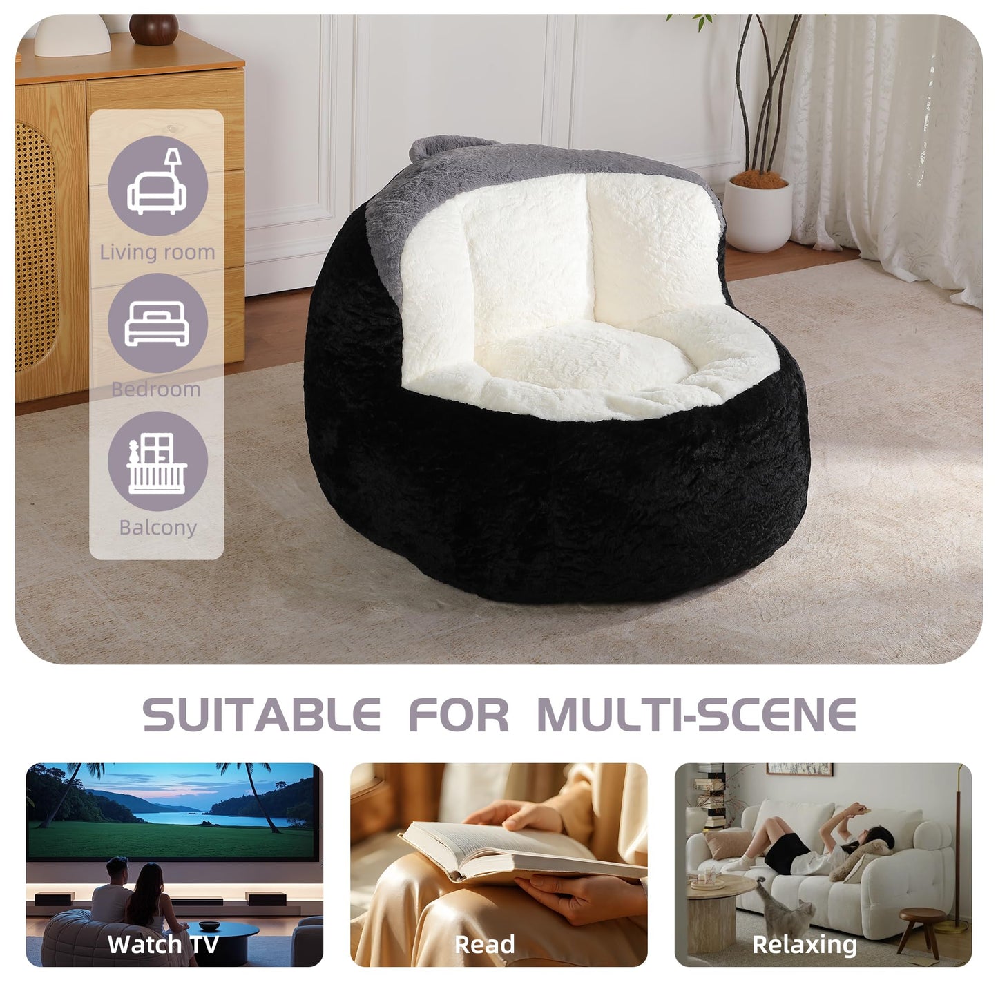 Amacv Oversized Bean Bag Chairs,Multicolor Faux Fur Couch Filled with Shredded Sponge,Large Lounger Sofa for Living Room,No Assembly Required, Black+White+Grey