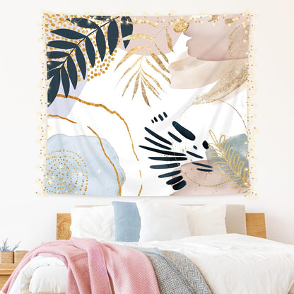 KOMLLEX Boho Abstract Tapestry 59Wx51H Mid Century Geometric Minimalist Wall Hanging Pink Blue Gold Leaves Decor