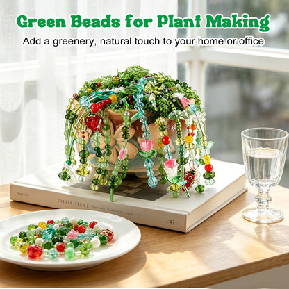 Tarklanda 5450 Pcs Green Glass Beaded Plant Kit, Crystal Leaf Flower Beads for Jewelry Making DIY Crafts Kit for Forever Plant Lovers Women Gifts with Plant Pot