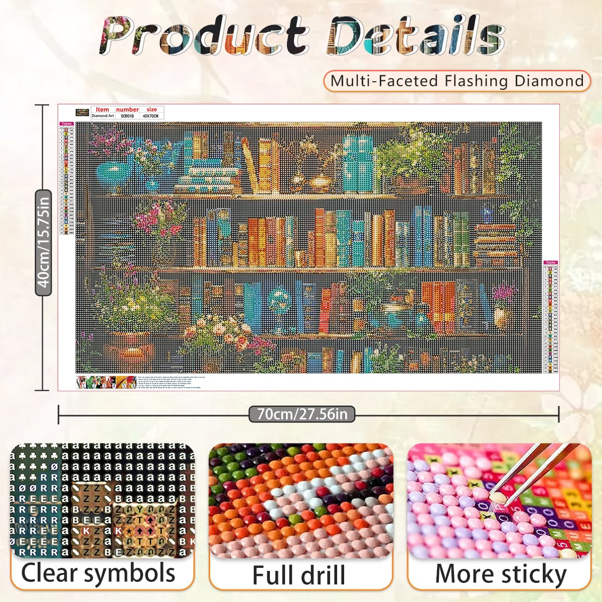 Ohhvvow 5D Bookshelf & Blooms Large Diamond Art Kit for Adults, 27.5x15.7 Inch Cozy Library Diamond Painting with Books & Flowers, DIY Full Drill Gem Craft Kits, Gift for Book Lovers & Beginners