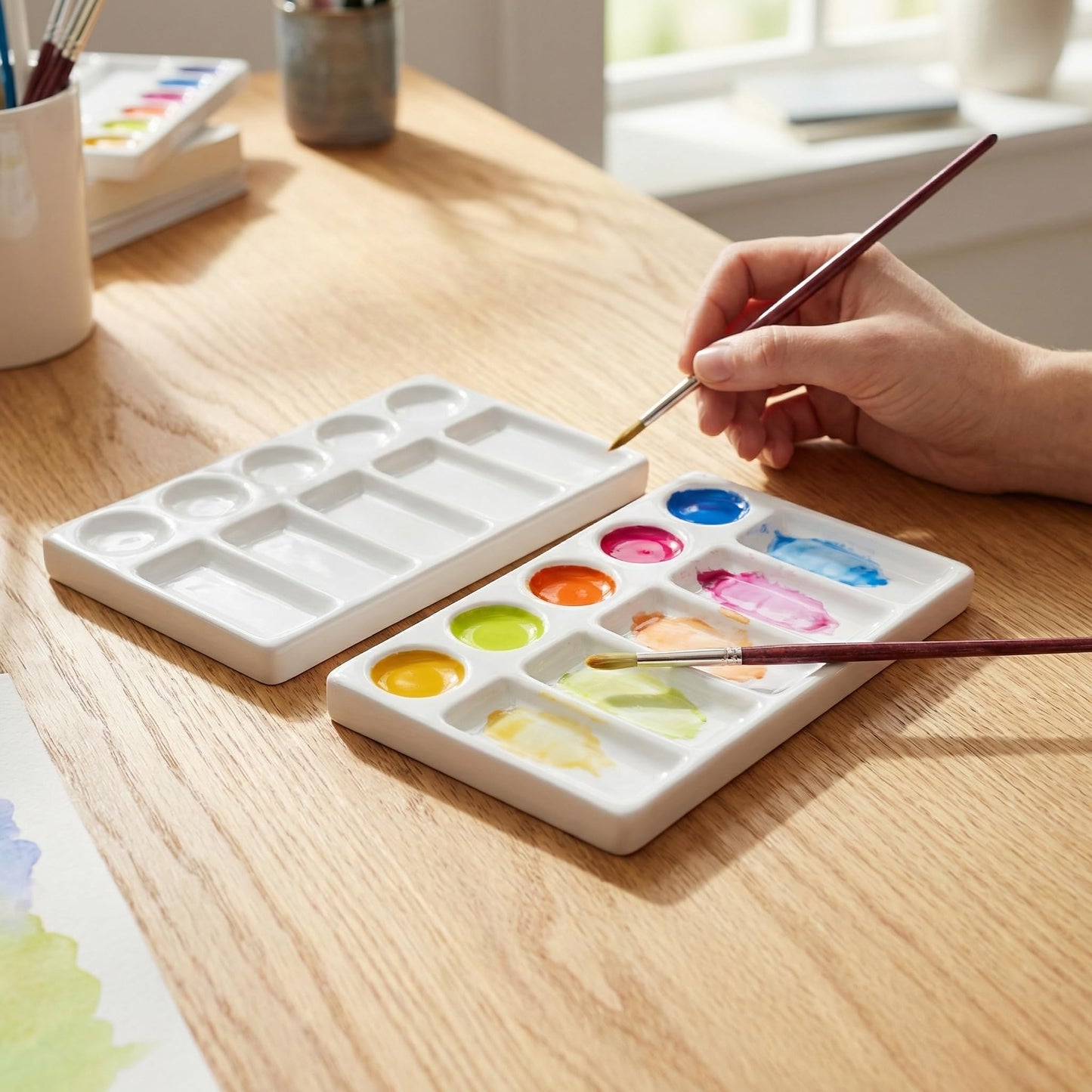 Jucoan 2 Pack 10-Well Ceramic Watercolor Paint Palette, 7-1/2 x 4-1/4 Inch Rectangle Porcelain Artist Paint Palette Mixing Tray for Watercolor, Gouache, Acrylic