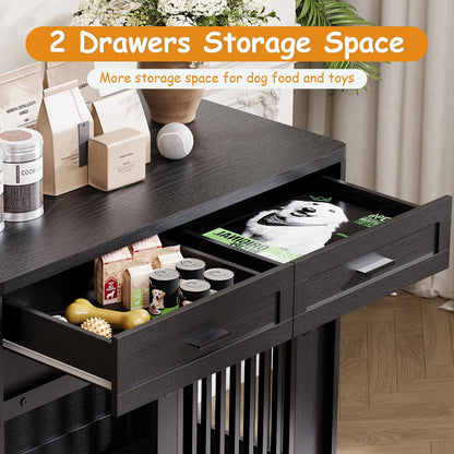 44.5''Large Dog Crate Furniture with 2 Storage Drawers,Heavy Duty Dog Kennel Indoor with Hook,Dog Kennel End Table TV Stand, Farmhouse Style Dog Crates with Sliding Barn for Medium/Large Dogs,Black