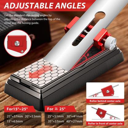 Saker Honing Guide with Whetstone - Red Off-Center Upgraded Honing Tool and Diamond Sharpening Stone Set Kit for Knife, Short Chisels and Planes, Fine/Coarse Plate, 400/1000/Grit…