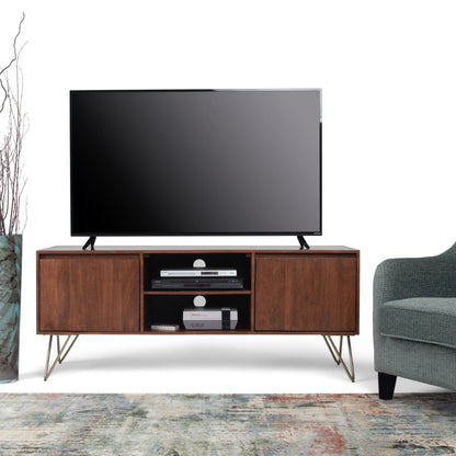SIMPLIHOME Hunter TV Stand - 60 inch Wide Solid Mango Wood Media Console in Umber Brown and Gold, Industrial Entertainment Center for Living Room for TVs up to 65 Inches with Metal Hairpin Legs