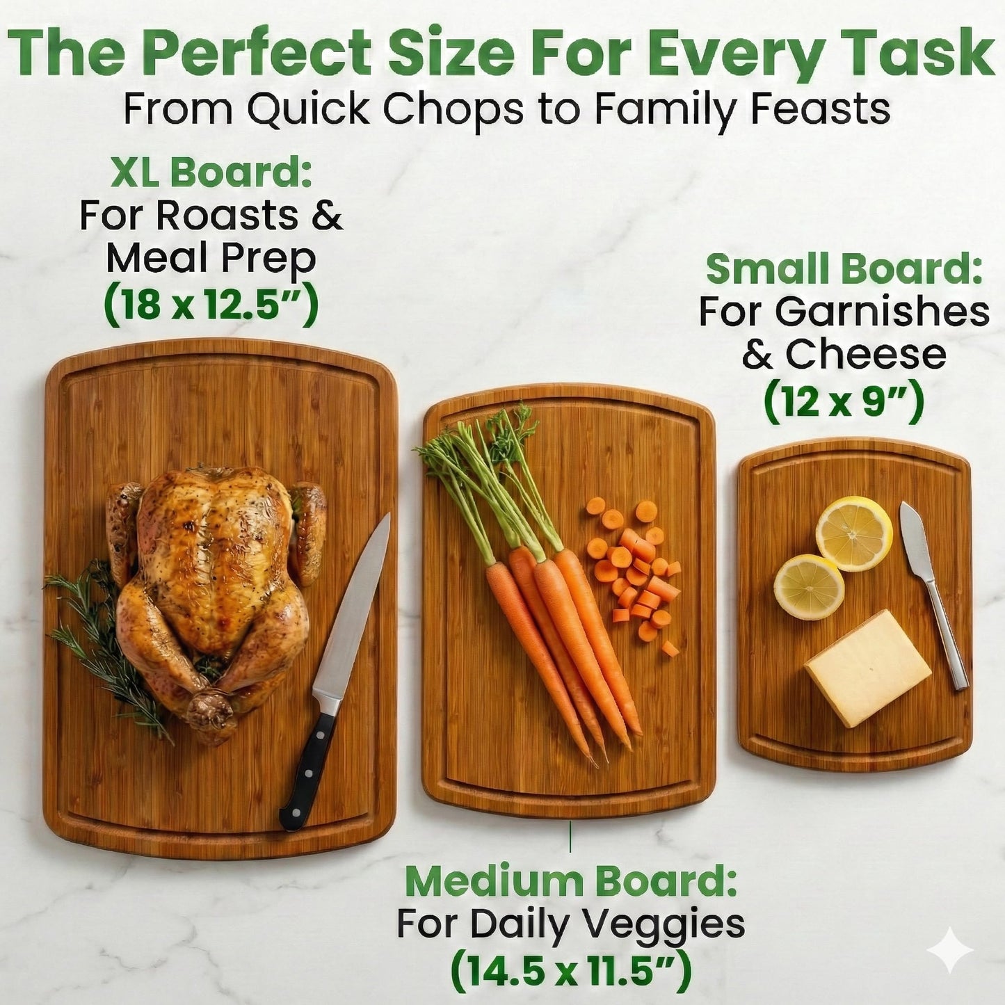 Greener Chef Luxury Bamboo Cutting Board 3-Piece Set with Carbonized Vertical Grain Strength Technology - Extra Large Wooden Cutting Boards for Kitchen with Deep Juice Grooves - Lifetime Replacements