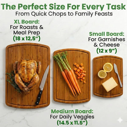 Greener Chef Luxury Bamboo Cutting Board 3-Piece Set with Carbonized Vertical Grain Strength Technology - Extra Large Wooden Cutting Boards for Kitchen with Deep Juice Grooves - Lifetime Replacements