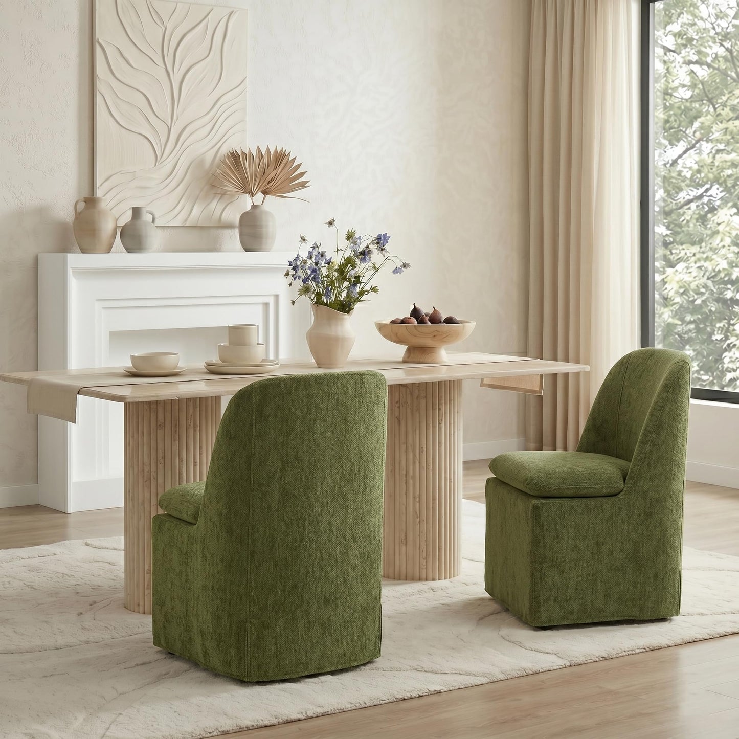 KISLOT Upholstered Dining Chairs Set of 2 with Hidden Casters, Modern Kitchen Chairs with Removable Washable Cover, Padded Dining Room Chairs with Chenille Velvet Fabric & Metal Frame, Green