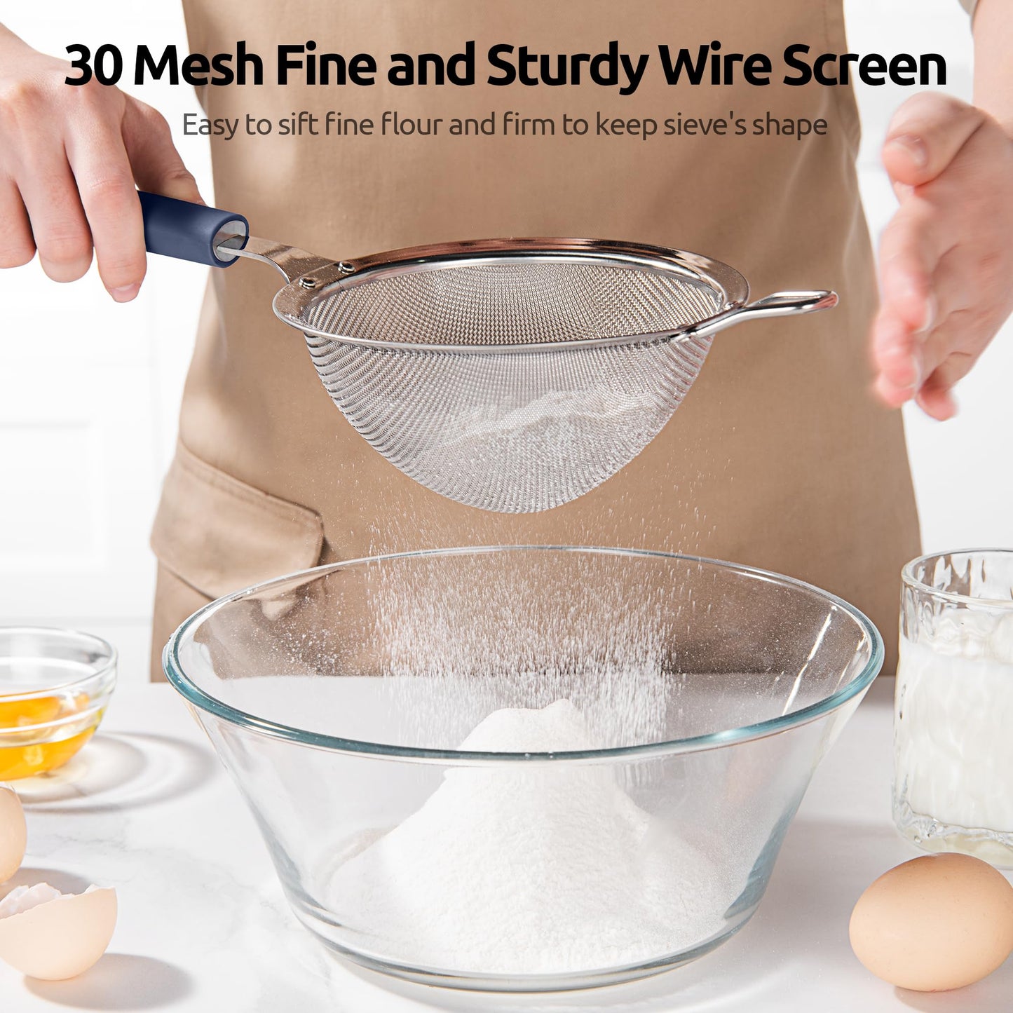 U-Taste Medium Fine Mesh Strainer: 18/8 Stainless Steel 4.73in 30 Mesh Kitchen Food Sieve with Sturdy Riveted Silicone Handle, Heavy Duty Deep Handheld Metal Colander for Rice, Quinoa(Midnight Blue)