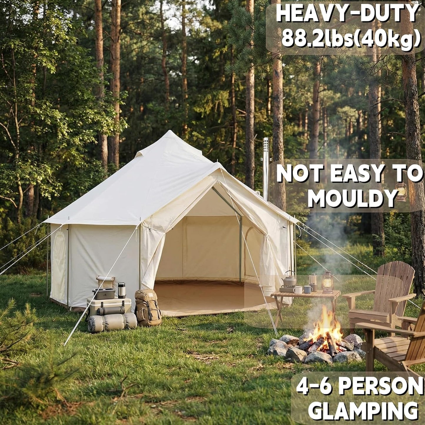 DANCHEL OUTDOOR B6 4 Season Glamping Wall Tent w/Large Wood Stove Camping, No Center Pole, Higher Side Wall, 900D Flame Retardant Oxford for 4 Person Yurt Cabin Tent,13ft/4m