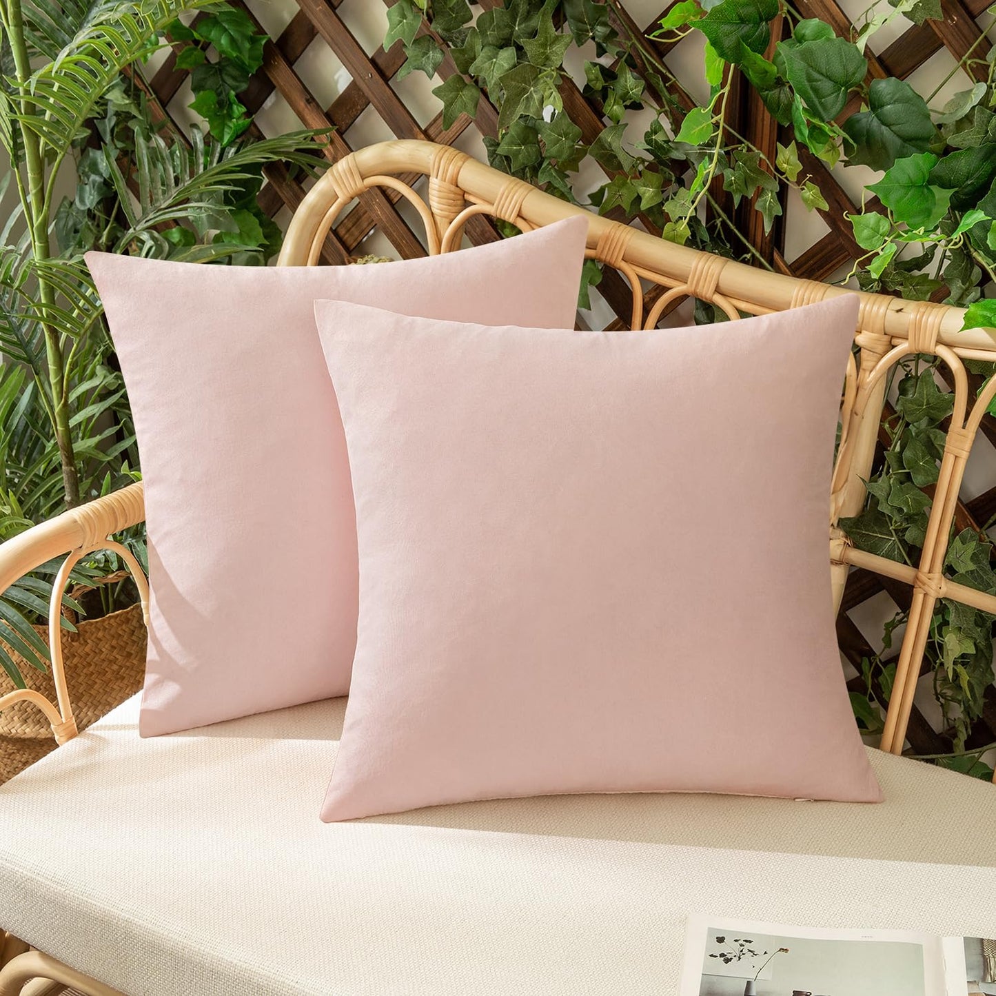 Woaboy Set of 2 Outdoor Waterproof Throw Pillow Covers Spring Valentine Decorative Farmhouse Linen Pillowcases Solid Cushion Cases for Patio Bedroom Living Room Sofa Chairs Light Pink 18x18 Inch