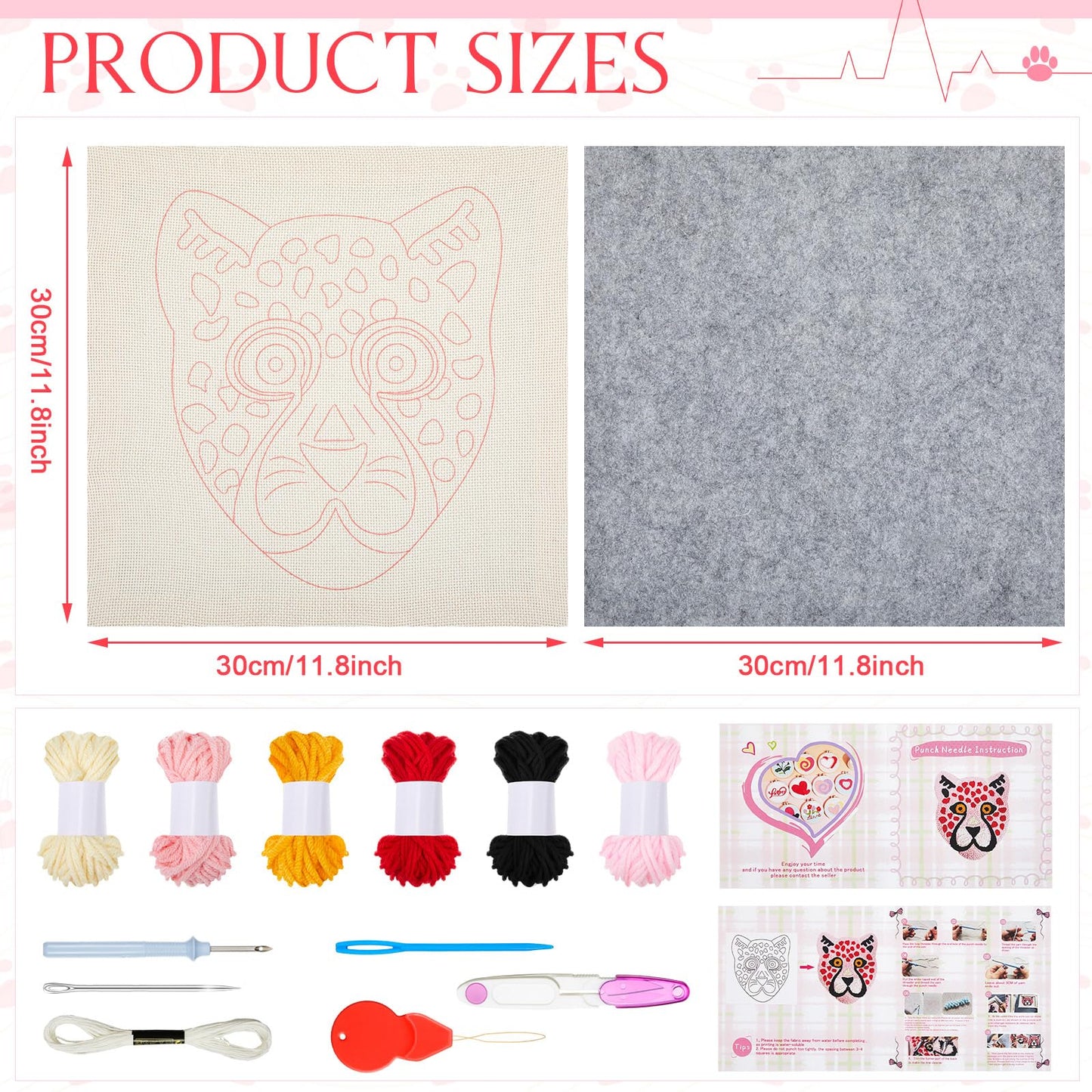 Preboun Leopard Punch Needle Kit, Punch Needle Embroidery Kit for Beginners Adults, 11.8''x11.8'' Punch Needle Set Including Yarns Tools, DIY Punch Needle Kit for Wall Decorations and Seat Cushions