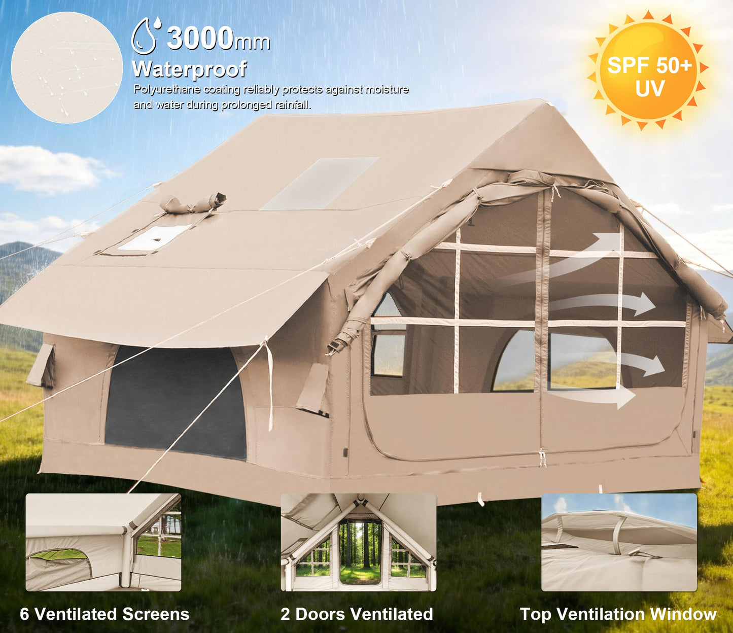 Inflatable Tents for Camping with Stove Jack,4-6 Person Easy Setup Blow Up Tents for 4 Seasons Waterproof Inflatable Camping Tent with Clear Skylight, Air House Glamping Tents for Adult