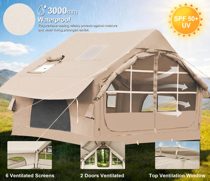 Inflatable Tents for Camping with Stove Jack,4-6 Person Easy Setup Blow Up Tents for 4 Seasons Waterproof Inflatable Camping Tent with Clear Skylight, Air House Glamping Tents for Adult