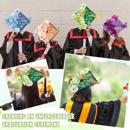 Dunzoom 34 Pcs DIY Graduation Cap Decorations Accessory Kit Artificial Flowers Inspirational Cardstock 3D Butterfly Stickers for DIY Hat Grad Cap Topper Graduation Party Supplies(Green)