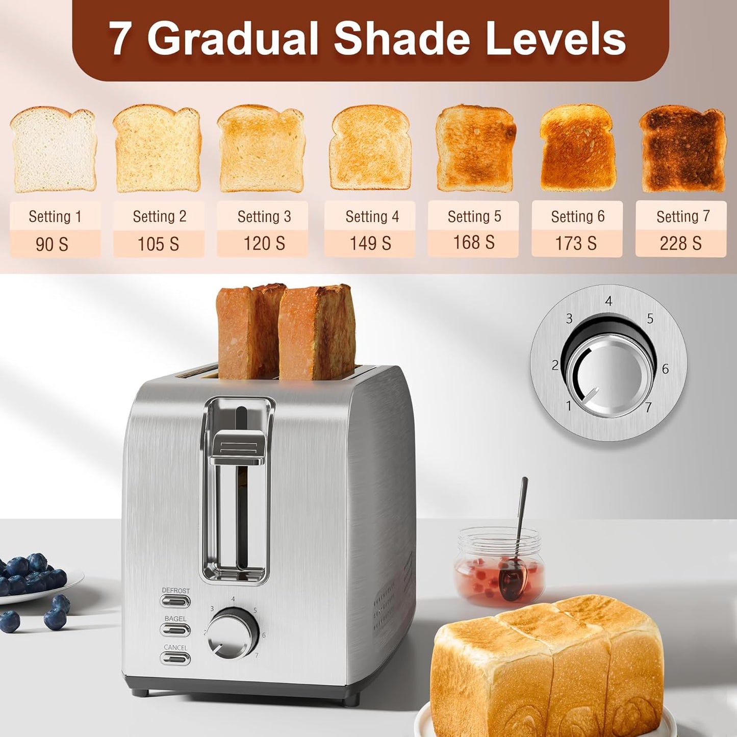 Runnatal 2 Slice Toaster, 100% Stainless Steel, Multifunctional with 7 Toast Settings, Defrost, Bagel, Cancel Functions