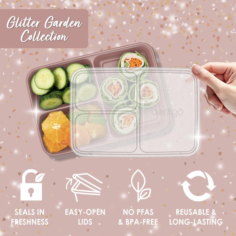 Bentgo Prep - 20-Piece 3-Compartment Reusable Meal Prep Containers with Lids, PFAS & BPA Free Materials, Durable, Microwave, Freezer, & Dishwasher Safe To Go Food Storage (Rosette Glitter)