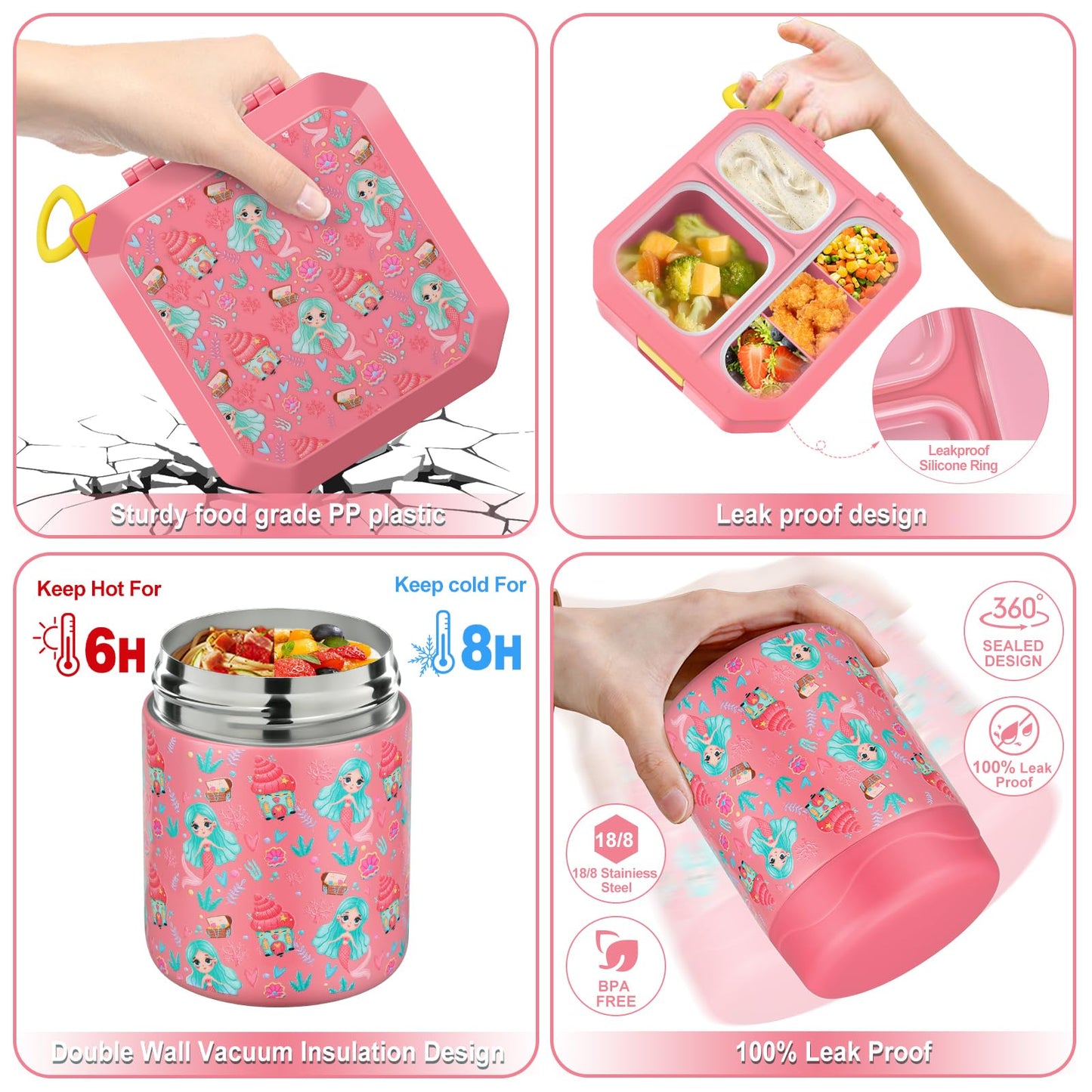 wiwens Bento Lunch Box for Kids with 12oz Soup Thermo Leak-Proof Lunch Food Container with 5 Compartment Thermo Hot Food Jar and Insulated Lunch Bag for Kid Toddler Girls Boys to School