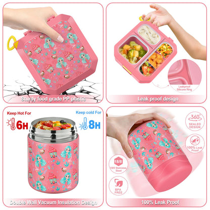 wiwens Bento Lunch Box for Kids with 12oz Soup Thermo Leak-Proof Lunch Food Container with 5 Compartment Thermo Hot Food Jar and Insulated Lunch Bag for Kid Toddler Girls Boys to School