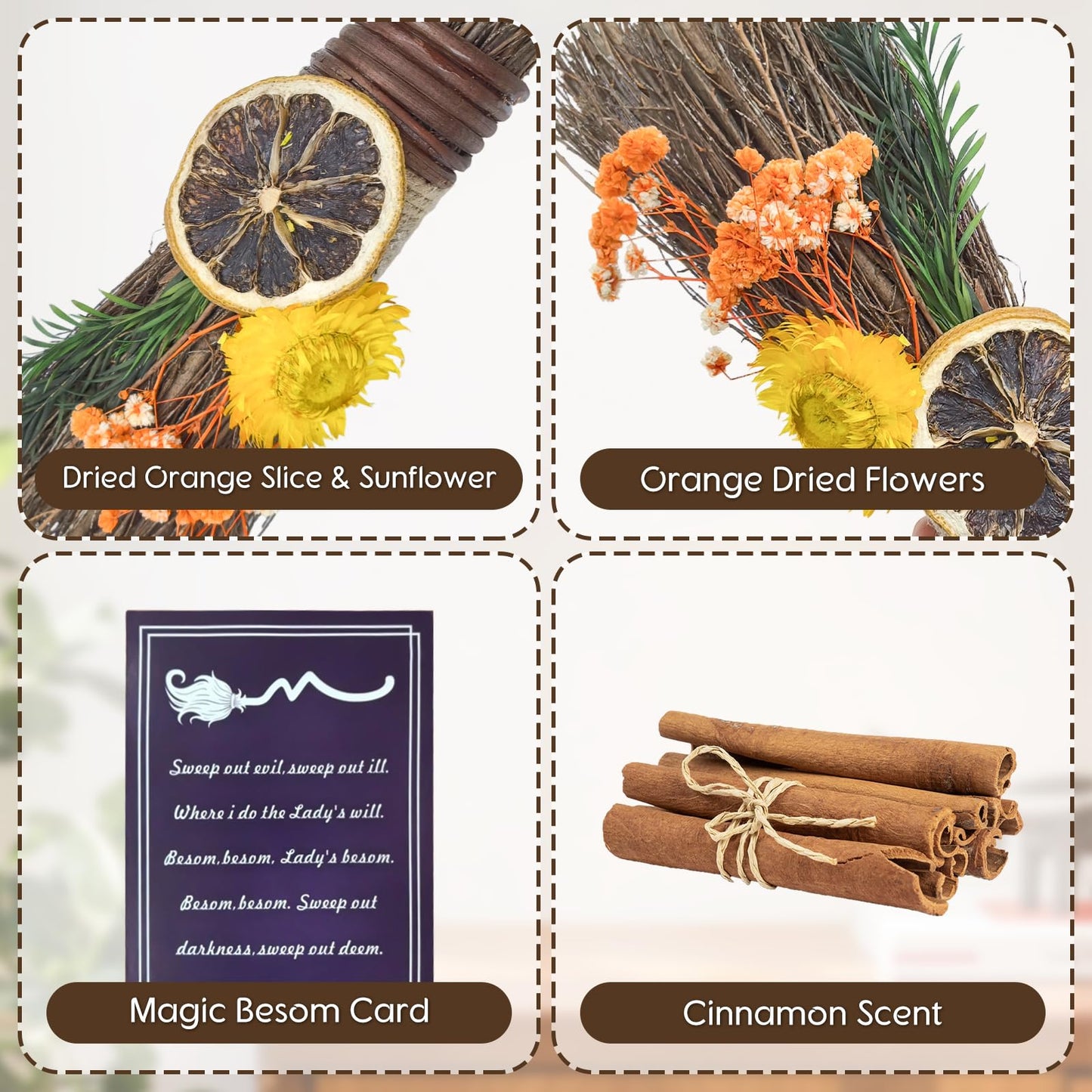 Teeloray Cinnamon Broom 7.5 Inch Mini Spring Floral Cinnamon Broomstick Scented Natural Herbal Protection Handmade Witch Broom for Altar Spring Flower Home Wall Porch Decoration