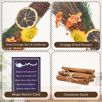 Teeloray Cinnamon Broom 7.5 Inch Mini Spring Floral Cinnamon Broomstick Scented Natural Herbal Protection Handmade Witch Broom for Altar Spring Flower Home Wall Porch Decoration