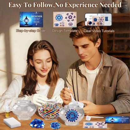 BOHMR DIY 3 Globe Turkish Mosaic Lamp Kit, 23"H Stained Glass Table Lamp Making Kit-Easy & Fun, No Experience Needed, Mosaic Art & Craft Project Kits for Adults & Teens, Make Your Own Lamp,Multicolor