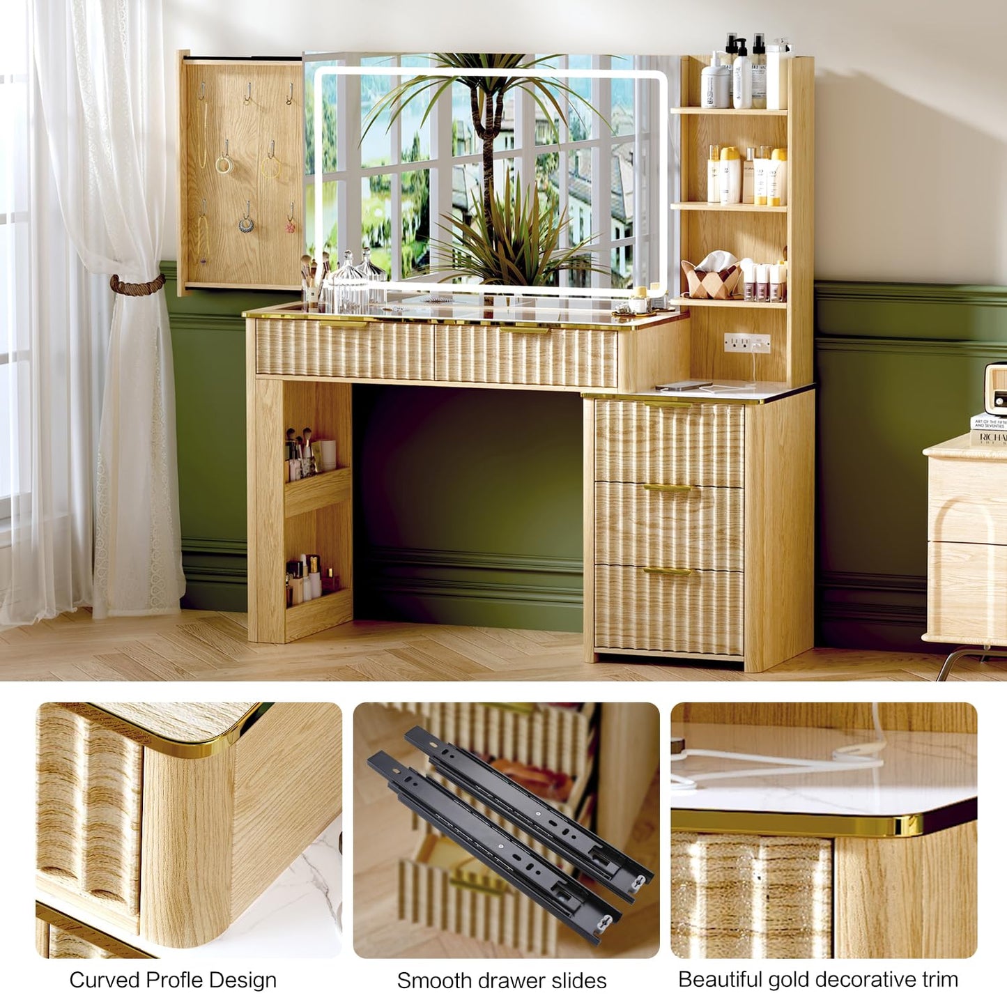 GRUTEUNIT 51" Vanity Desk with Power Outlet, Makeup Vanity with Mirror and Lights, 3 Lighting Modes, Vanity Table with Glass Top, 5 Drawers, and Jewelry Storage,Oak