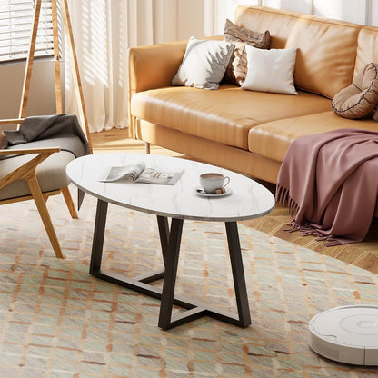 Wolawu Coffee Table Small Oval Table,White Faux Marble Table for Living Room, Modern Center Tea Tables for Small Space,Wooden Tables End Tables with Sturdy Black Metal Leg