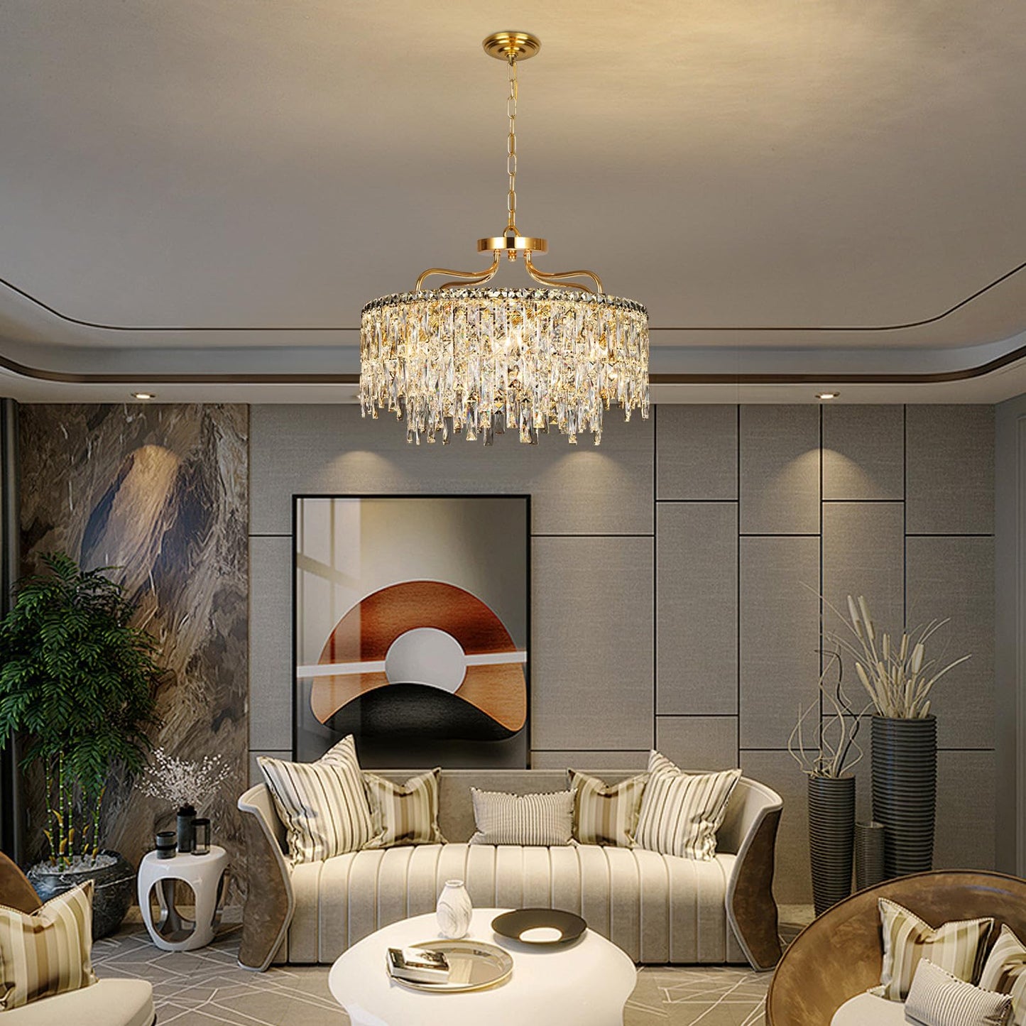NISIDUN Gold Crystal Chandeliers for Dining Room Light Fixture, 24" Modern Round Chandeliers，8 Lights Luxury Ceiling Pendant Ceiling Lighting for Dining Room Bedroom Entryway Foyer Staircase