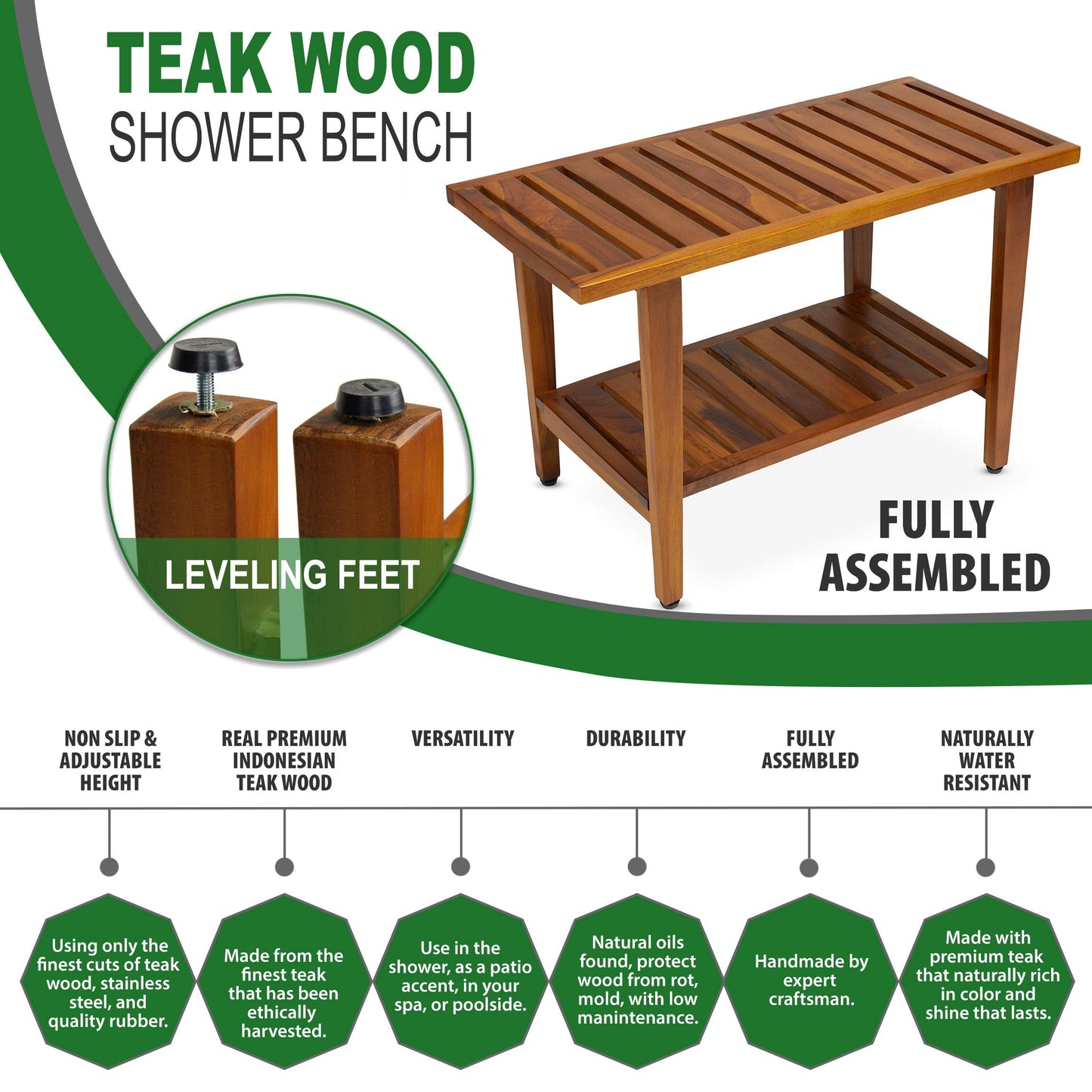 TeakCraft Teak Shower Bench with Shelf 30 inch Wood Spa & Shower Stool - Fully Assembled, The Liv