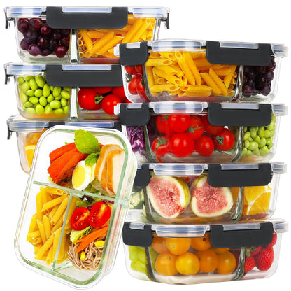 HOMBERKING 8 Pack Glass Meal Prep Containers 3 Compartment, 36oz Glass Food Storage Containers with Lids, Airtight Lunch Bento Boxes, BPA-Free & Leak Proof (8 lids & 8 Container) - Black