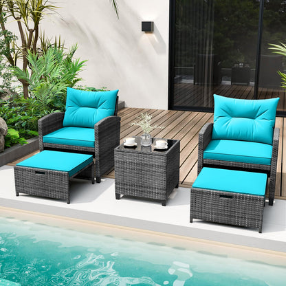 Tangkula 5 Pieces Patio Conversation Set, PE Wicker Rattan Outdoor Furniture Set with 2 Chairs, 2 Ottomans & Tempered Glass Coffee Table, Ideal for Poolside, Backyard, Lawn, Deck, Mix Grey & Turquoise