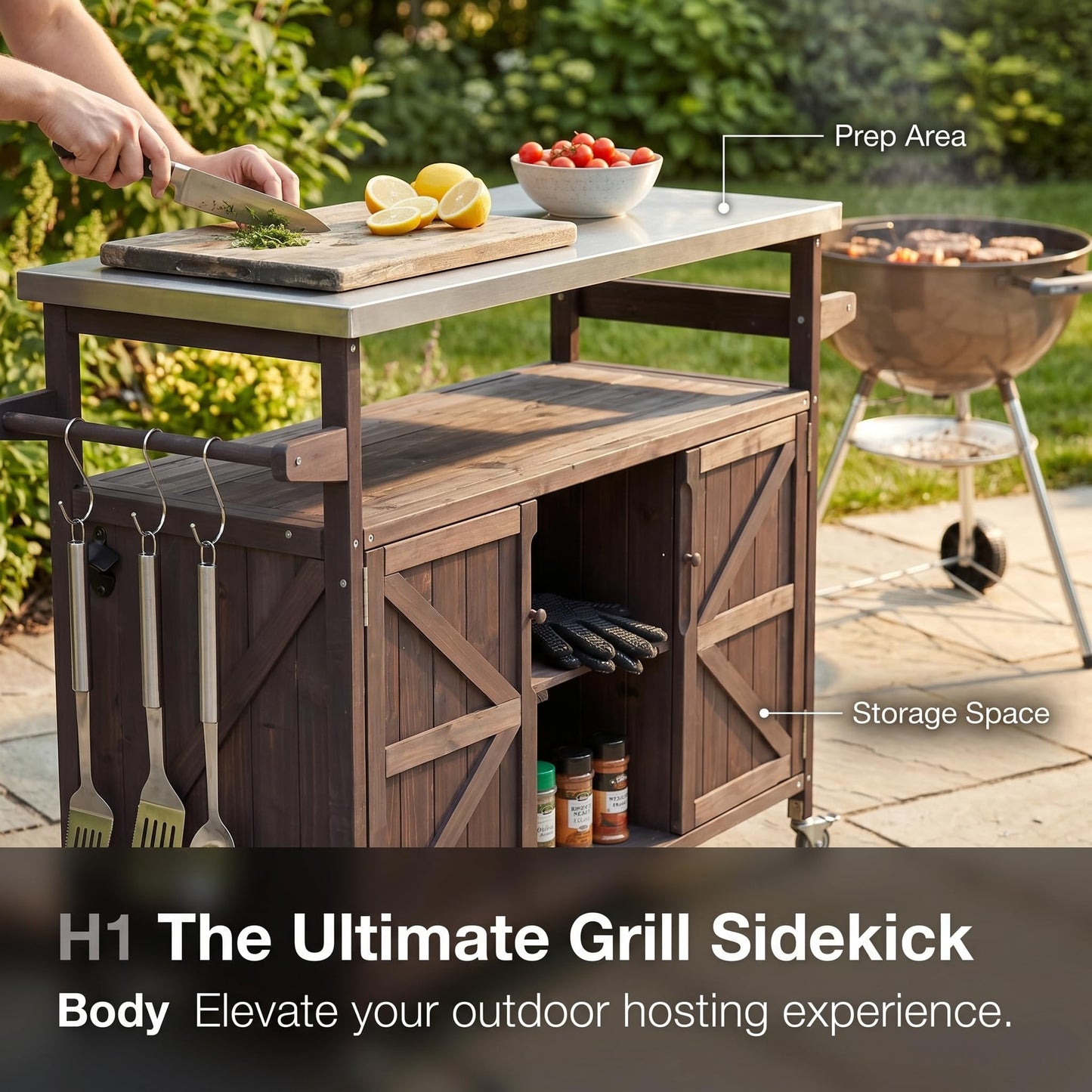 50" Outdoor Kitchen Island Grill Cart with 201 Stainless Steel Top, Solid Fir Wood, Modular Design, Internal Storage & Adjustable Shelves, 4 Lockable Wheels, 400LBS Capacity for Patio BBQ, Brown