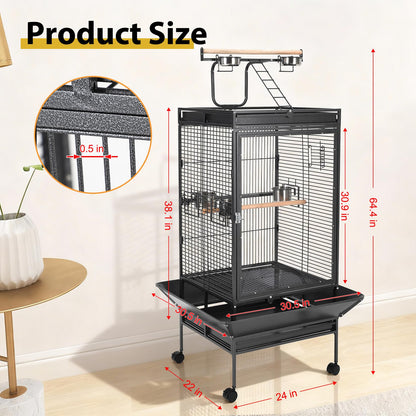 Large Vintage Wrought Iron Bird Cage - Rolling Stand, Stainless Bowls, Non-Toxic Coating, Flight Cage, Easy Clean,for Various Birds,65inch